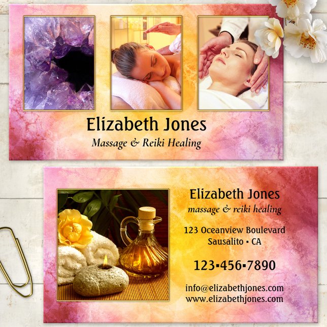 Massage Reiki Healing Photo Business Card (Business card featuring your photos framed by an abstract artistic ocher purple background)