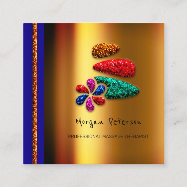 Massage Spa Wellness Floral Stone Logo Gold Blue Appointment Card (Front)