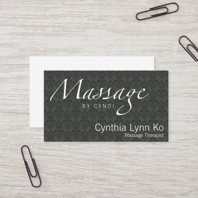 Massage Text on Grey Damask Business Card (Front/Back In Situ)