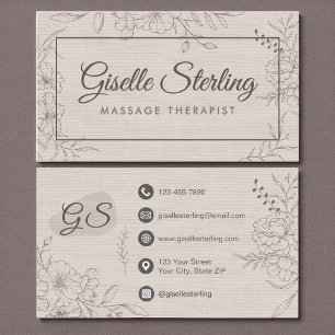 Massage Therapist Beige Linen Floral Line Art Business Card