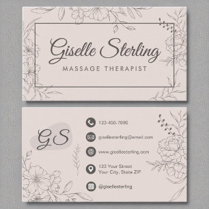 Massage Therapist Blush Pink Floral Line Art Business Card