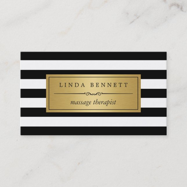 Massage Therapist - Gold Black White Stripes Business Card (Front)