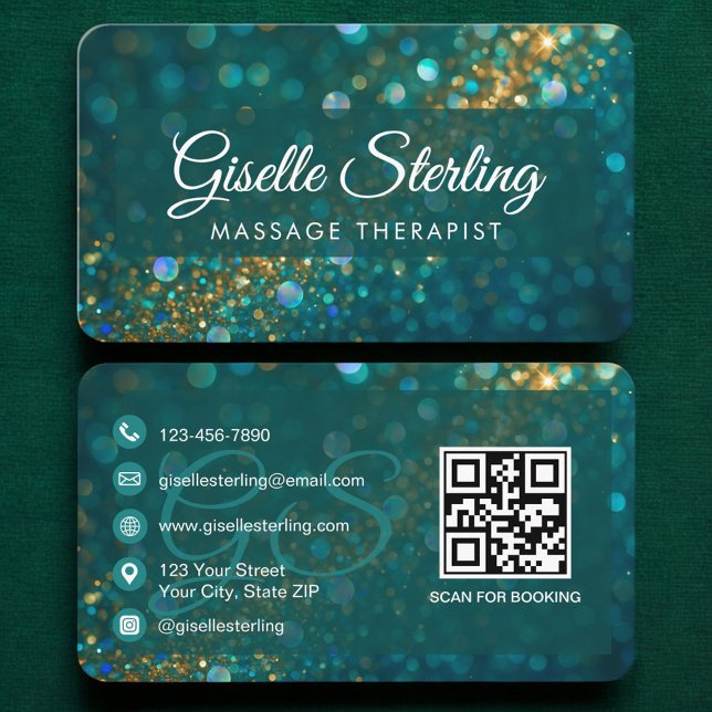 Massage Therapist Green Gold QR Code Business Card (Creator Uploaded)