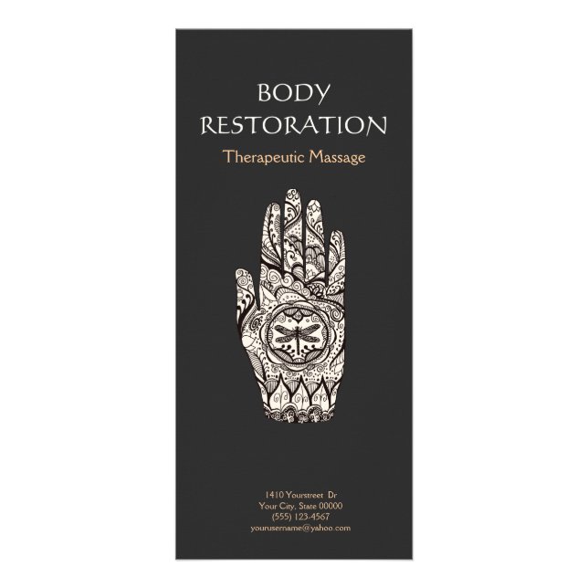 Massage Therapist Henna Dragonfly Tattoo Hand 4 Rack Card (Front)