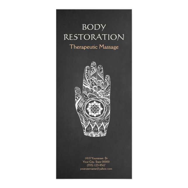 Massage Therapist Henna Lotus Tattoo Hand 4 Rack Card (Front)