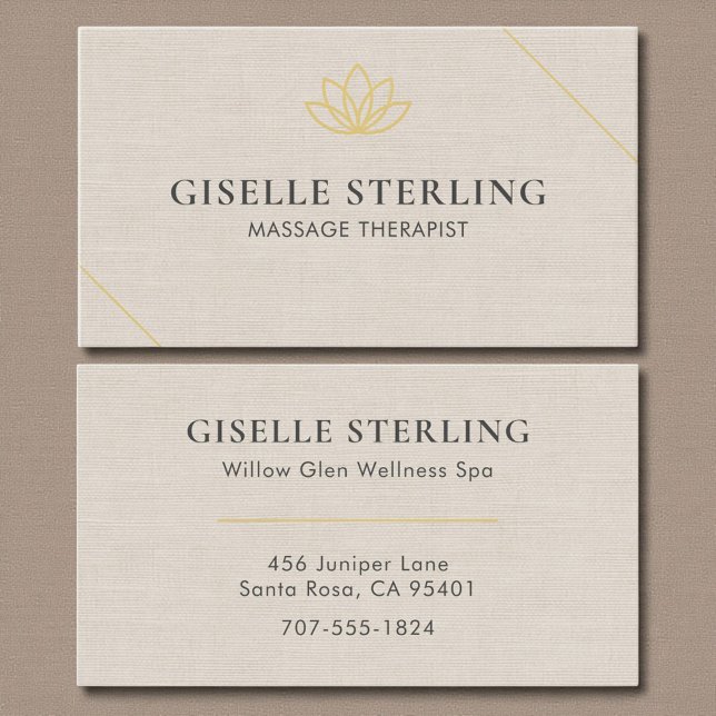 Massage Therapist Linen Neutral Minimalist Lotus Business Card (Creator Uploaded)