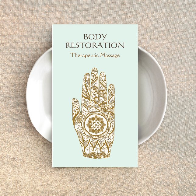 Massage Therapist Logo Henna Lotus Tattoo Hand 2 Business Card (Creator Uploaded)