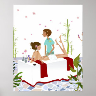 Massage therapist massaging a woman lying on a poster