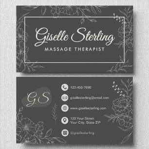 Massage Therapist Moody Charcoal Grey Floral Business Card