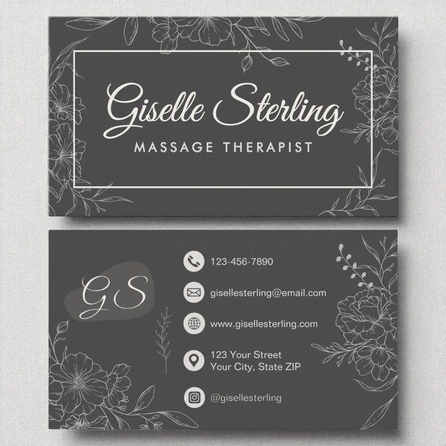 Massage Therapist Moody Charcoal Grey Floral  Business Card (Creator Uploaded)