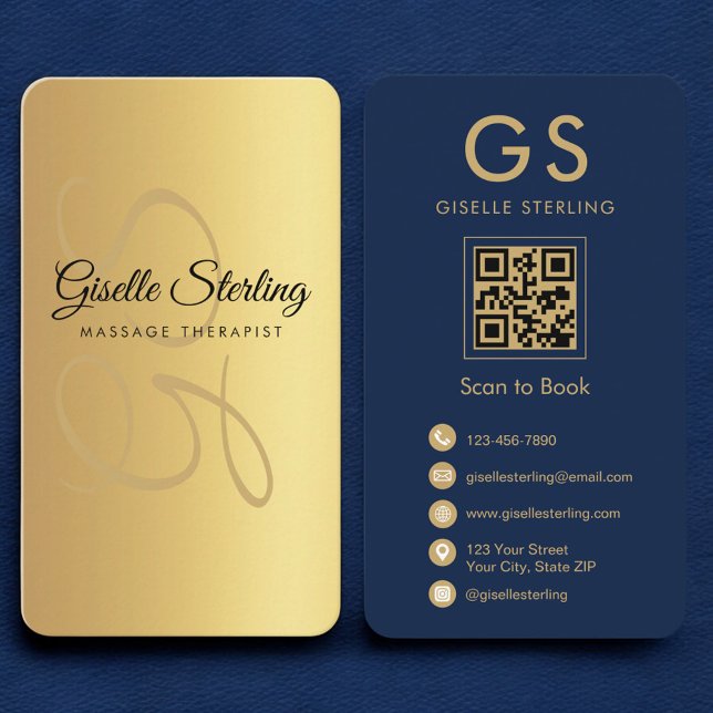 Massage Therapist Navy Blue Gold QR Code Monogram  Business Card (Creator Uploaded)