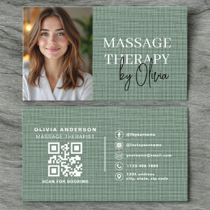 Massage Therapist Photo Linen Sage Green Business Card