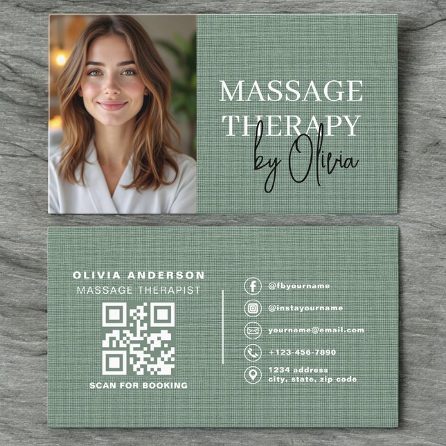 Massage Therapist Photo Linen Sage Green  Business Card (Creator Uploaded)