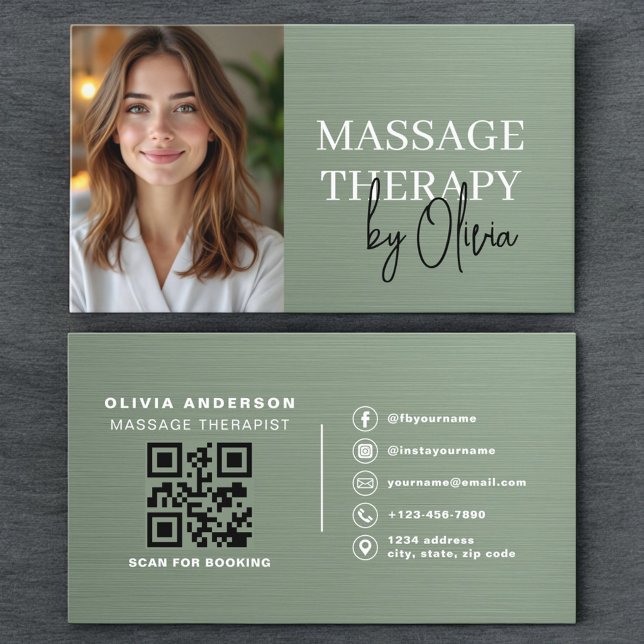Massage Therapist Photo Metallic Sage Green  Business Card (Creator Uploaded)