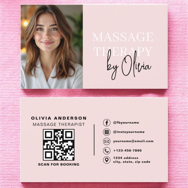 Massage Therapist QR Code Blush Pink Photo Business Card (Creator Uploaded)