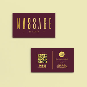 Massage Therapist QR Code Logo Burgundy & Gold Business Card