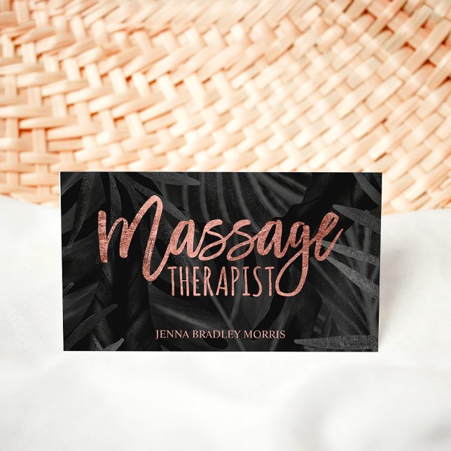 Massage therapist script rose gold palm leaf business card (Creator Uploaded)