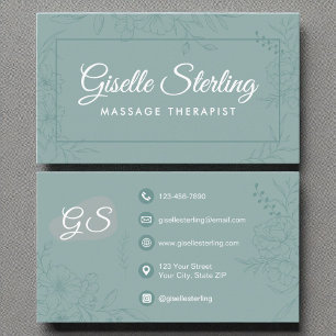 Massage Therapist Teal Floral Line Art Script Business Card