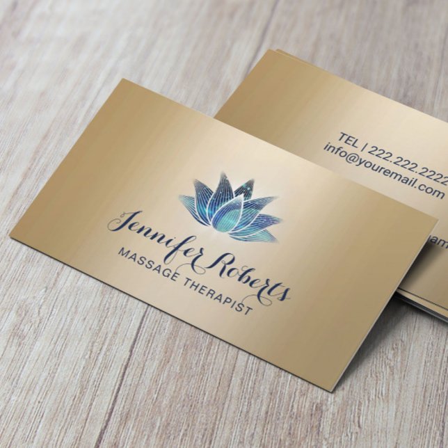 Massage Therapy Blue Lotus Modern Gold Salon Business Card (Creator Uploaded)