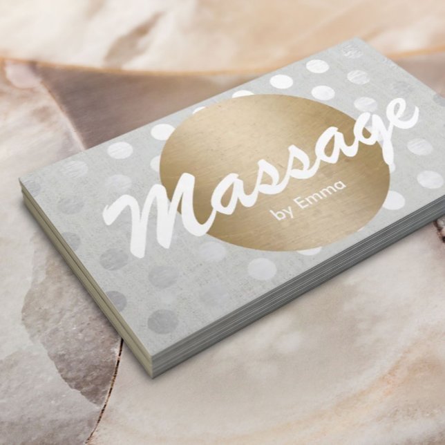 Massage Therapy Gold Circle Silver Dots Modern Business Card (Creator Uploaded)