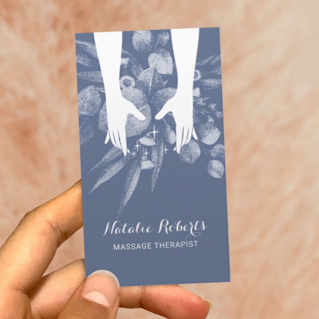 Massage Therapy Healing Hands Blue Botanical Spa Business Card (Creator Uploaded)