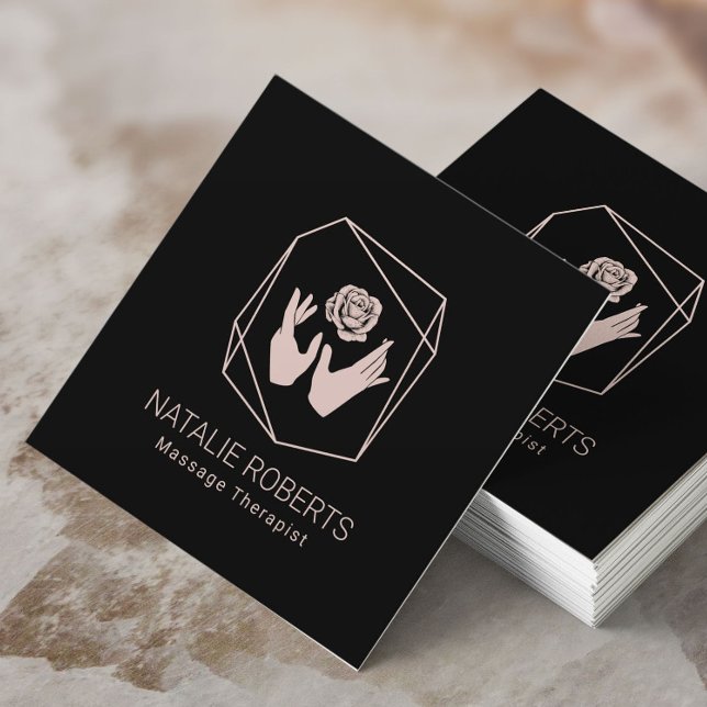 Massage Therapy Healing Hands & Flower Geometric Square Business Card (Creator Uploaded)