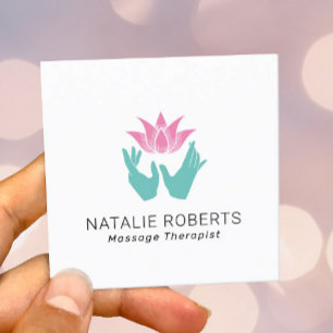 Massage Therapy Healing Hands & Pink Lotus Flower Square Business Card