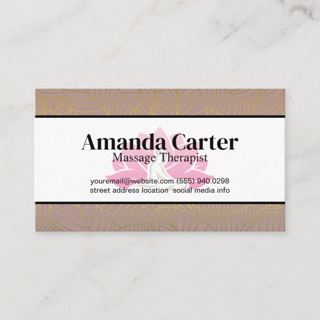 Massage Therapy Logo | Gold Leaves Pattern Business Card (Front)