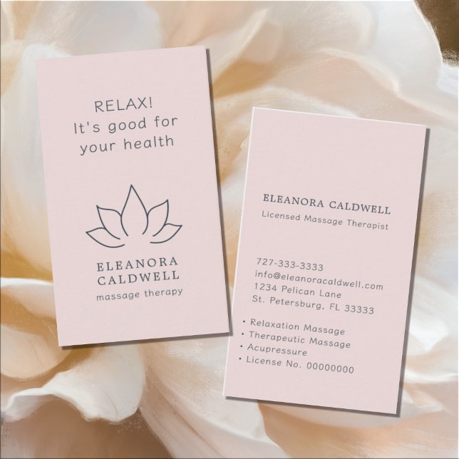 Massage Therapy Lotus Logo Blush Pink Business Card (Creator Uploaded)