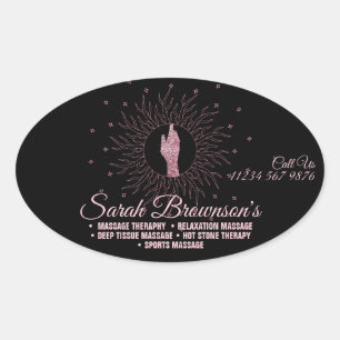 Massage Therapy Pink Black Script Healing Hands Oval Sticker