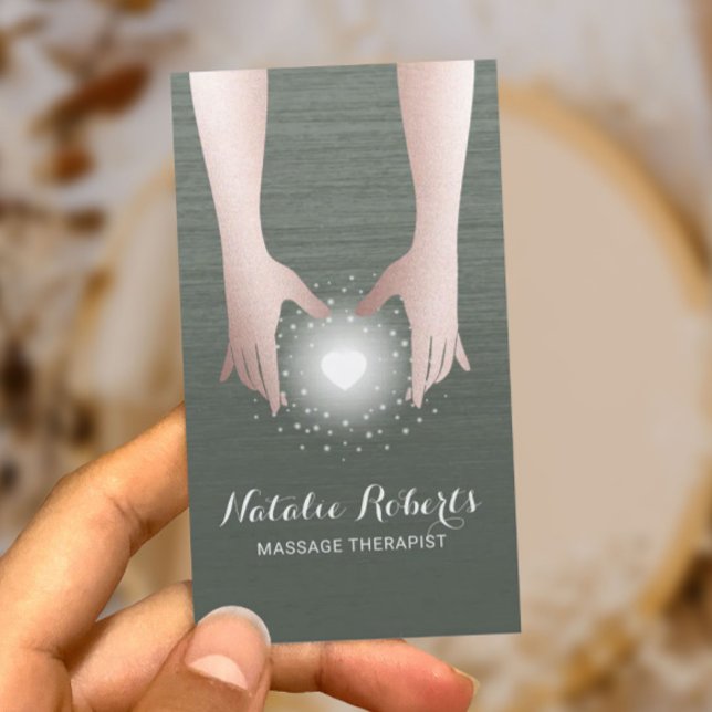 Massage Therapy Reiki Energy Healing Hands Green Business Card (Creator Uploaded)