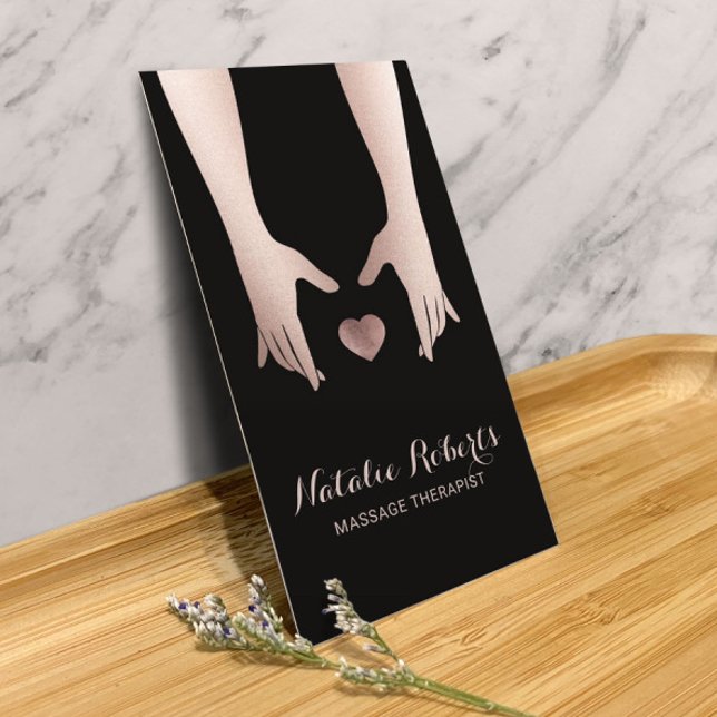Massage Therapy Rose Gold Healing Hands & Heart Business Card (Creator Uploaded)