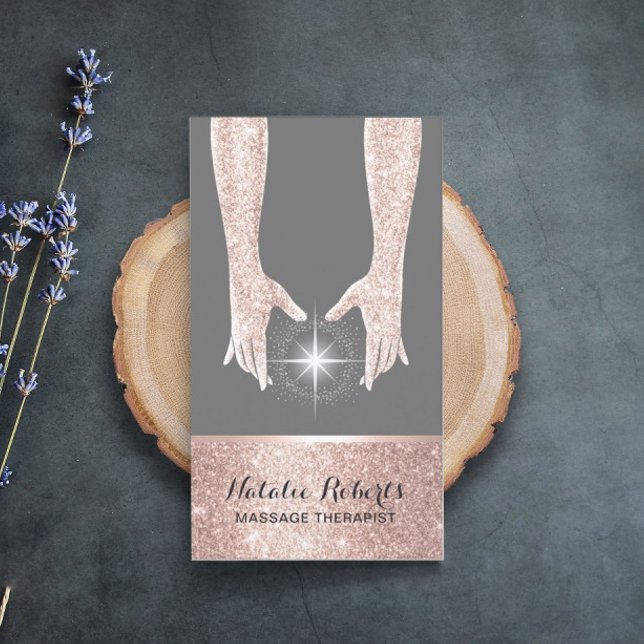 Massage Therapy Rose Gold Healing Hands Reiki Spa Business Card (Creator Uploaded)