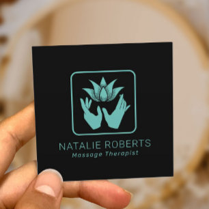 Massage Therapy Teal Healing Hands & Lotus Flower Square Business Card
