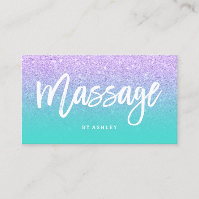 Massage typography lavender glitter turquoise business card (Front)