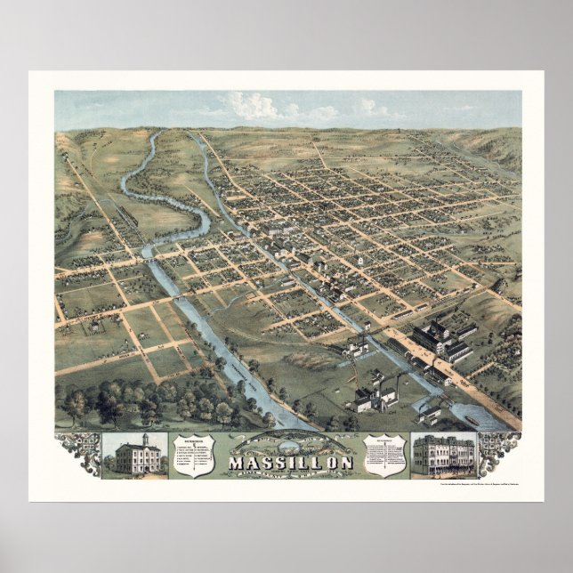 Massillon, OH Panoramic Map - 1870 Poster (Front)