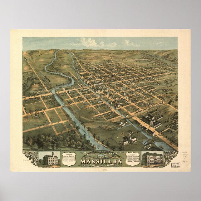Massillon Ohio 1870 Antique Panoramic Map Poster (Front)