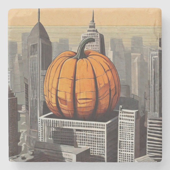 Massive Pumpkin in City Skyline Stone Coaster (Front)