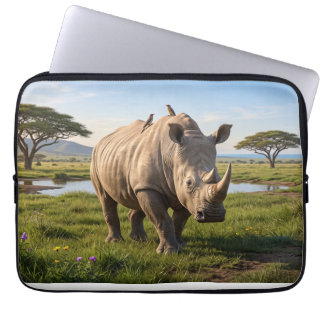 Massive Rhino Roaming Open Savanna Plains Photo En Laptop Sleeve