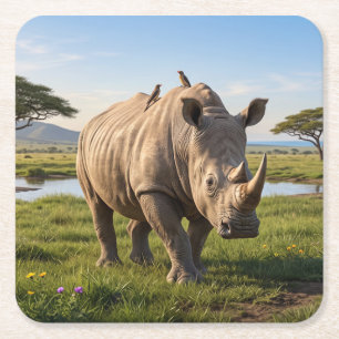 Massive Rhino Roaming Open Savanna Plains Photo En Square Paper Coaster