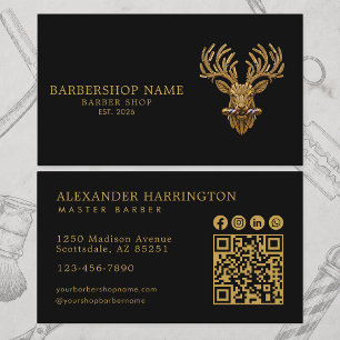 Master Barber Shop Gold Stag Qr Code Social Icons Business Card