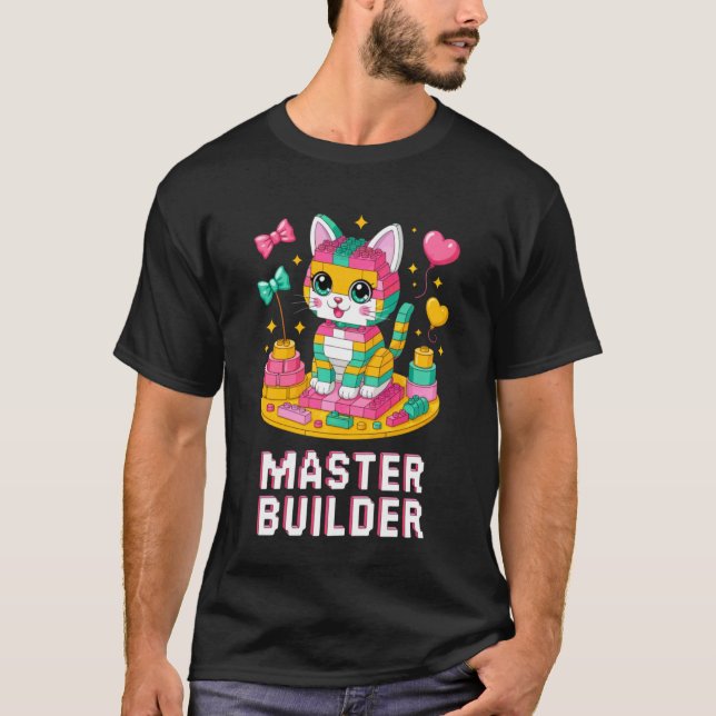 Master Builder Cat Lover Building Bricks Blocks Ki T-Shirt (Front)