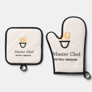 Master chef add name black pan yellow fire fume co oven mitt & pot holder set