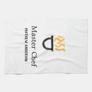 Master chef add name black pan yellow fire fume co tea towel