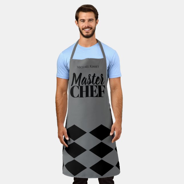 Master Chef name personalised black grey chequered Apron (Worn)