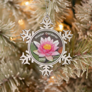 Master Gardener Pink Water Lily Flower Holiday Snowflake Pewter Christmas Ornament
