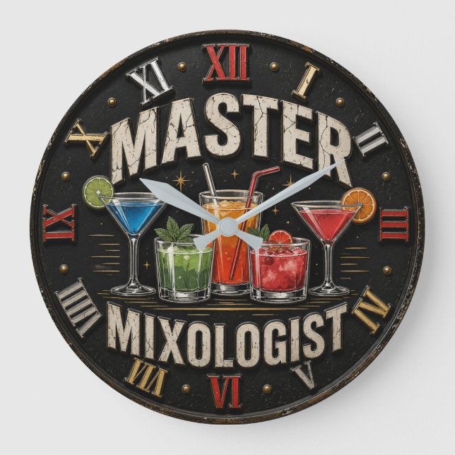 Master Mixologist Bartender Gift Retro Home Bar Large Clock (Front)