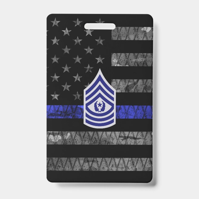 Master Sergeant Thin Blue Line Distressed Flag ID Badge (Front)