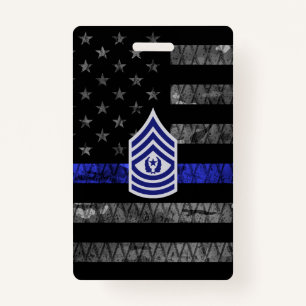 Master Sergeant Thin Blue Line Distressed Flag ID Badge