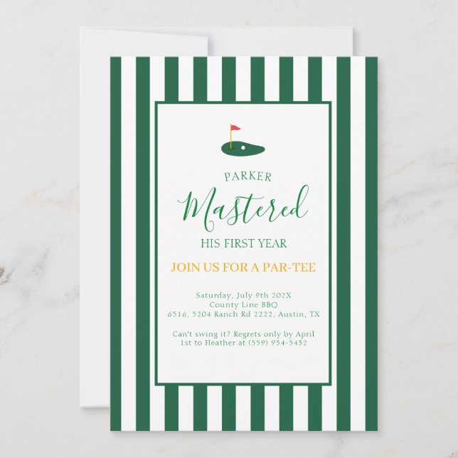 Mastered First Year One Hole In One Green Birthday Invitation (Front)